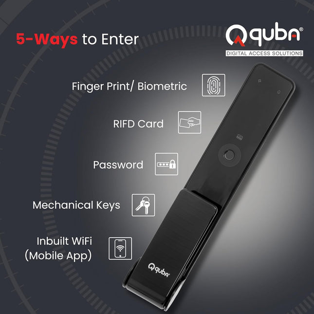 Quba QUANTRA Award-Winning Digital Lock | 5-Way Access Push-Pull Smart Lock | Black | WiFi & Fire Safety with Red Dot Design | Video Call & Emergency Exit