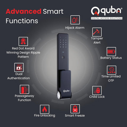Quba QUANTRA Award-Winning Digital Lock | 5-Way Access Push-Pull Smart Lock | Black | WiFi & Fire Safety with Red Dot Design | Video Call & Emergency Exit