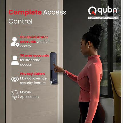 Quba QUANTRA Award-Winning Digital Lock | 5-Way Access Push-Pull Smart Lock | Black | WiFi & Fire Safety with Red Dot Design | Video Call & Emergency Exit
