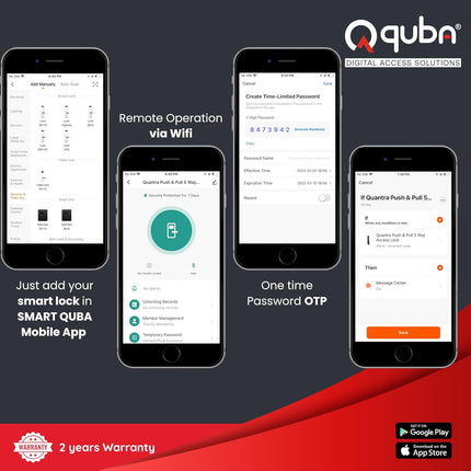 Quba QUANTRA Award-Winning Digital Lock | 5-Way Access Push-Pull Smart Lock | Black | WiFi & Fire Safety with Red Dot Design | Video Call & Emergency Exit