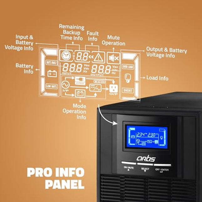 Artis 1KVA Online High Frequency Pure Sine Wave UPS. 2x9Ah Built in Batteries (BIB), LCD Display, Overload Protection(OVPD). 3 Output sockets. Generator Compatible. BIS Certified Online UPS - Unboxify