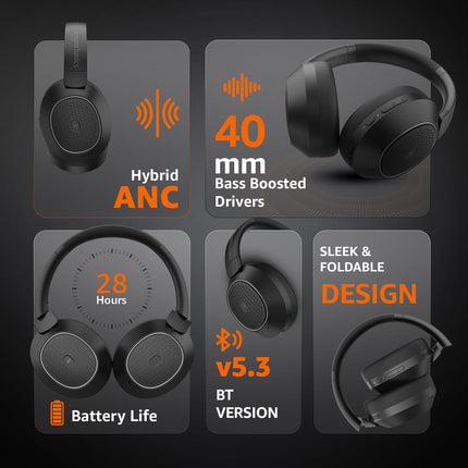 Amazon Basics Pro Series ANC Over Ear Wireless Headphones, Hybrid ANC (Up to 38 dB), Bluetooth 5.3, 28 Hr Playtime, Noise Cancelling with Mic, 40mm Drivers, Ergonomic Foldable Design, Black - Unboxify