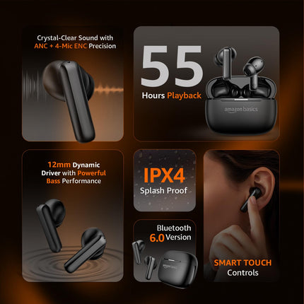 Amazon Basics Pro Series ANC Wireless in Ear Earbuds, Bluetooth 6.0 TWS Earphones with Mic, Active Noise Cancellation, 4 Mics ENC, 55H Playtime, Smart Touch Control, IPX4 Water Resistant (Black) - Unboxify