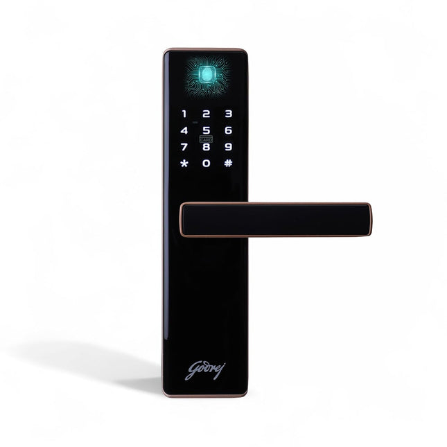 Godrej Digital Lock | Catus Advantage | Smart Lock for Wooden Door | 4 in 1 Access | Fingerprint | RFID | PIN Access | Mechanical Key | Rose Gold Finish | 3Years Warranty - Unboxify