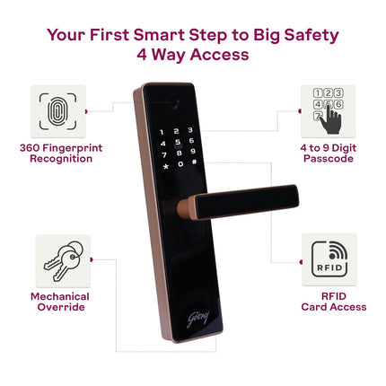 Godrej Digital Lock | Catus Advantage | Smart Lock for Wooden Door | 4 in 1 Access | Fingerprint | RFID | PIN Access | Mechanical Key | Rose Gold Finish | 3Years Warranty - Unboxify