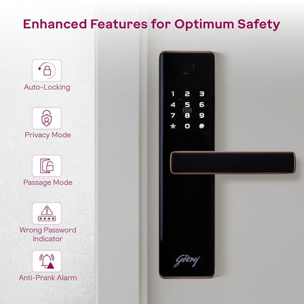 Godrej Digital Lock | Catus Advantage | Smart Lock for Wooden Door | 4 in 1 Access | Fingerprint | RFID | PIN Access | Mechanical Key | Rose Gold Finish | 3Years Warranty - Unboxify