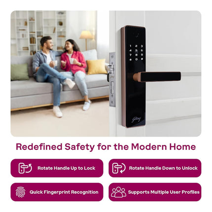 Godrej Digital Lock | Catus Advantage | Smart Lock for Wooden Door | 4 in 1 Access | Fingerprint | RFID | PIN Access | Mechanical Key | Rose Gold Finish | 3Years Warranty - Unboxify