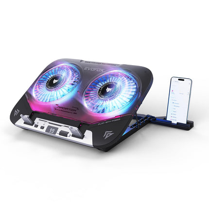EvoFox Blizzard 2 Xtreme Laptop Cooling Pad | Dual Semiconductor Plates, 2x140 mm Fans, RGB Lighting, Digital Display & Roller Control, 5-Level Stand, USB Extender & Phone Holder-for 14”-17” Laptops