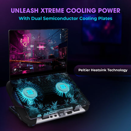 EvoFox Blizzard 2 Xtreme Laptop Cooling Pad | Dual Semiconductor Plates, 2x140 mm Fans, RGB Lighting, Digital Display & Roller Control, 5-Level Stand, USB Extender & Phone Holder-for 14”-17” Laptops