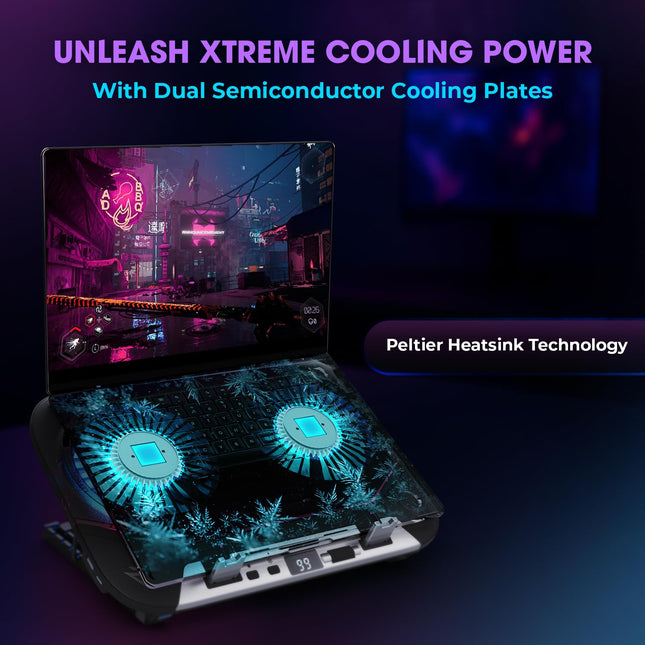 EvoFox Blizzard 2 Xtreme Laptop Cooling Pad | Dual Semiconductor Plates, 2x140 mm Fans, RGB Lighting, Digital Display & Roller Control, 5-Level Stand, USB Extender & Phone Holder-for 14”-17” Laptops