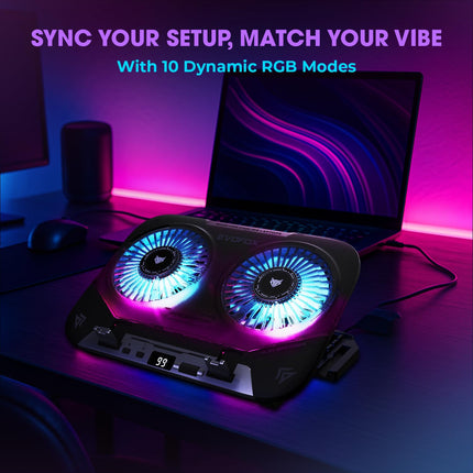 EvoFox Blizzard 2 Xtreme Laptop Cooling Pad | Dual Semiconductor Plates, 2x140 mm Fans, RGB Lighting, Digital Display & Roller Control, 5-Level Stand, USB Extender & Phone Holder-for 14”-17” Laptops