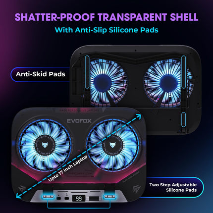 EvoFox Blizzard 2 Xtreme Laptop Cooling Pad | Dual Semiconductor Plates, 2x140 mm Fans, RGB Lighting, Digital Display & Roller Control, 5-Level Stand, USB Extender & Phone Holder-for 14”-17” Laptops