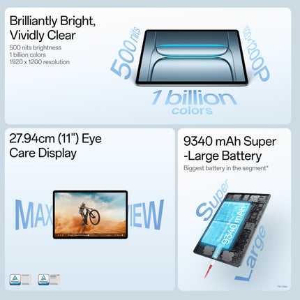 OnePlus Pad Lite with Biggest Battery in Segment 9340 mAh, 11"(27.94 cm) Display with 500 nits Brightness & 11 Hrs of Video Playback, 8GB RAM 128GB Storage, LTE, Aero Blue