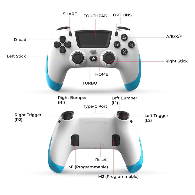 NITHO SMART PS Wireless Controller for PC, PS4, PS3, Android & iOS | Gaming Gamepad with Touchpad, Adjustable Turbo & Dual Vibration, 6-Axis Motion Sensor, M1/M2 Programmable Buttons - White & Blue