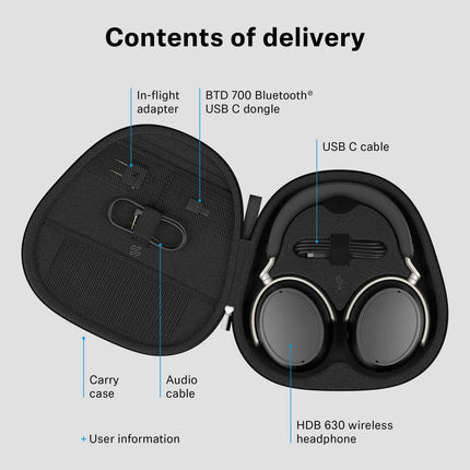 Sennheiser HDB 630 Hi-Res Wireless Headphones, 42 mm Drivers, aptX HD Adaptive, ANC, 60h Battery, Parametric EQ & Crossfeed Feature, BTD 700 USB-C Dongle - Unboxify