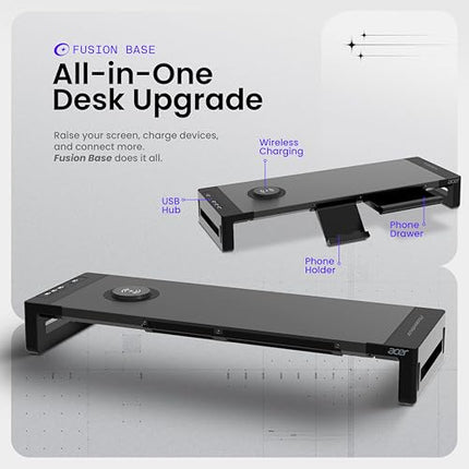 Acer FusionBase Monitor & Laptop Stand | Foldable ABS + Metal Build | USB Fast Charging 1x Type-C & 1x Type A + 3×Data Ports incl. USB 3.0 | 15W Wireless Charger | Mobile Phone Holder, Drawer | Black - Unboxify