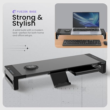 Acer FusionBase Monitor & Laptop Stand | Foldable ABS + Metal Build | USB Fast Charging 1x Type-C & 1x Type A + 3×Data Ports incl. USB 3.0 | 15W Wireless Charger | Mobile Phone Holder, Drawer | Black - Unboxify
