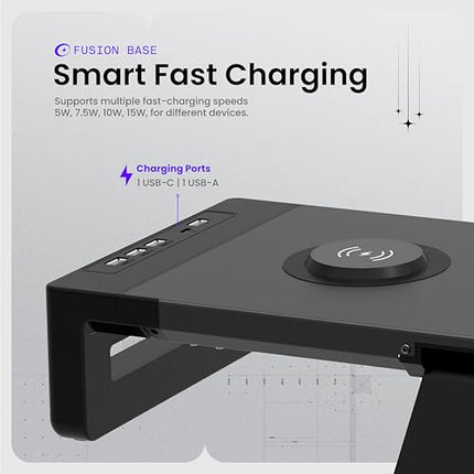 Acer FusionBase Monitor & Laptop Stand | Foldable ABS + Metal Build | USB Fast Charging 1x Type-C & 1x Type A + 3×Data Ports incl. USB 3.0 | 15W Wireless Charger | Mobile Phone Holder, Drawer | Black - Unboxify