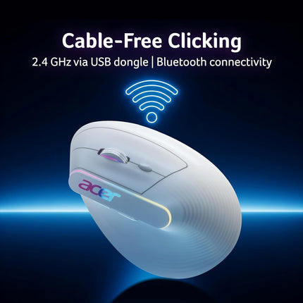 acer Ergo Vertical Wireless Mouse | Silent 6D Buttons & Scroll Wheel | 4 DPI Setting 1200-3200 | 2.4GHz + Bluetooth Dual Mode | Rechargeable 500mAh Battery | ABS I RGB Glow | Ergonomic Design - Unboxify