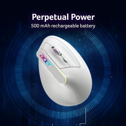 acer Ergo Vertical Wireless Mouse | Silent 6D Buttons & Scroll Wheel | 4 DPI Setting 1200-3200 | 2.4GHz + Bluetooth Dual Mode | Rechargeable 500mAh Battery | ABS I RGB Glow | Ergonomic Design - Unboxify