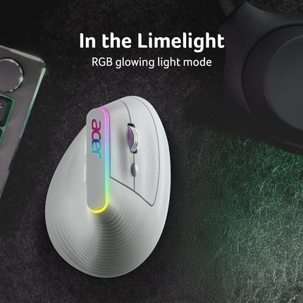 acer Ergo Vertical Wireless Mouse | Silent 6D Buttons & Scroll Wheel | 4 DPI Setting 1200-3200 | 2.4GHz + Bluetooth Dual Mode | Rechargeable 500mAh Battery | ABS I RGB Glow | Ergonomic Design - Unboxify