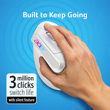 acer Ergo Vertical Wireless Mouse | Silent 6D Buttons & Scroll Wheel | 4 DPI Setting 1200-3200 | 2.4GHz + Bluetooth Dual Mode | Rechargeable 500mAh Battery | ABS I RGB Glow | Ergonomic Design - Unboxify