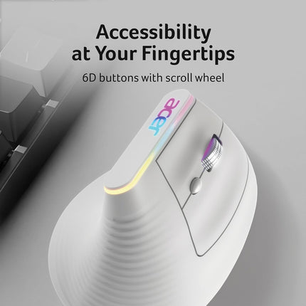 acer Ergo Vertical Wireless Mouse | Silent 6D Buttons & Scroll Wheel | 4 DPI Setting 1200-3200 | 2.4GHz + Bluetooth Dual Mode | Rechargeable 500mAh Battery | ABS I RGB Glow | Ergonomic Design - Unboxify