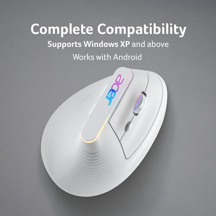 acer Ergo Vertical Wireless Mouse | Silent 6D Buttons & Scroll Wheel | 4 DPI Setting 1200-3200 | 2.4GHz + Bluetooth Dual Mode | Rechargeable 500mAh Battery | ABS I RGB Glow | Ergonomic Design - Unboxify