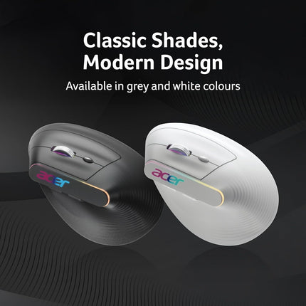acer Ergo Vertical Wireless Mouse | Silent 6D Buttons & Scroll Wheel | 4 DPI Setting 1200-3200 | 2.4GHz + Bluetooth Dual Mode | Rechargeable 500mAh Battery | ABS I RGB Glow | Ergonomic Design - Unboxify