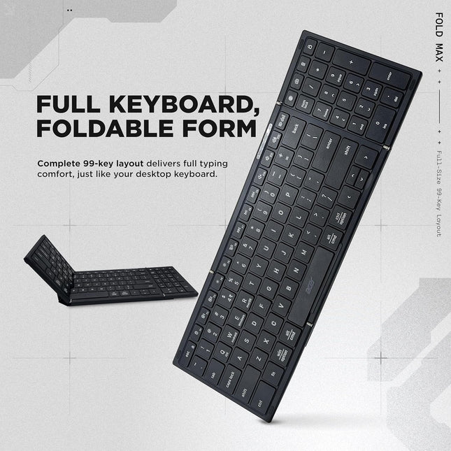 acer Fold Max | 99 Keys Full-Size Foldable Bluetooth Keyboard | BT 5.0 | Rechargeable 180mAh Battery | USB-C Fast Charging | 51H Use | Portable ABS Build | Black | Windows/Mac/Android Compatible - Unboxify