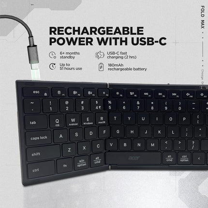 acer Fold Max | 99 Keys Full-Size Foldable Bluetooth Keyboard | BT 5.0 | Rechargeable 180mAh Battery | USB-C Fast Charging | 51H Use | Portable ABS Build | Black | Windows/Mac/Android Compatible - Unboxify