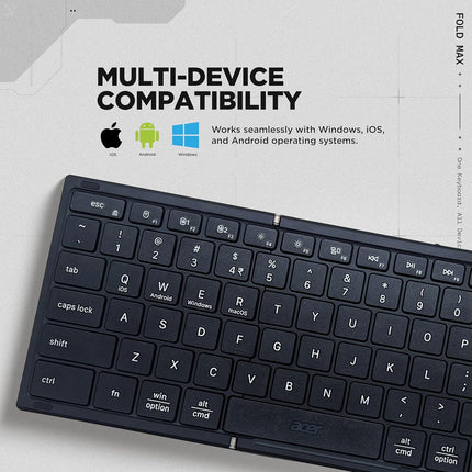 acer Fold Max | 99 Keys Full-Size Foldable Bluetooth Keyboard | BT 5.0 | Rechargeable 180mAh Battery | USB-C Fast Charging | 51H Use | Portable ABS Build | Black | Windows/Mac/Android Compatible - Unboxify