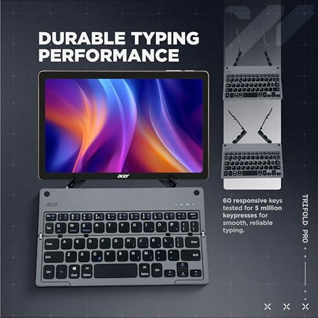 acer Trifold Pro | 60 Keys Foldable Bluetooth Keyboard | BT 5.0 | Rechargeable 140mAh Battery | USB-C Fast Charging | Compact Travel Design | 40H Working Time | Space Grey | Windows/Mac/Android - Unboxify