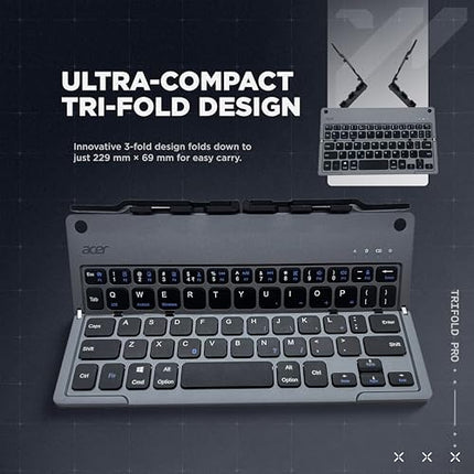 acer Trifold Pro | 60 Keys Foldable Bluetooth Keyboard | BT 5.0 | Rechargeable 140mAh Battery | USB-C Fast Charging | Compact Travel Design | 40H Working Time | Space Grey | Windows/Mac/Android - Unboxify