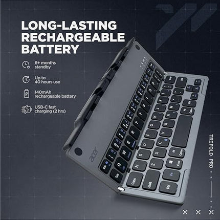 acer Trifold Pro | 60 Keys Foldable Bluetooth Keyboard | BT 5.0 | Rechargeable 140mAh Battery | USB-C Fast Charging | Compact Travel Design | 40H Working Time | Space Grey | Windows/Mac/Android - Unboxify