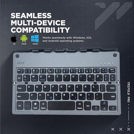 acer Trifold Pro | 60 Keys Foldable Bluetooth Keyboard | BT 5.0 | Rechargeable 140mAh Battery | USB-C Fast Charging | Compact Travel Design | 40H Working Time | Space Grey | Windows/Mac/Android - Unboxify