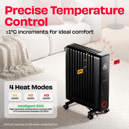 NUUK HÖT BLOX Smart OFR | Free Storage Bag | Remote Control & Smart App | Up to 20% Energy Savings | 30% Faster Heating | 11 M-Shaped Fins | 2200W Power | 4 Heat Modes | Oil Heater For Home - Unboxify