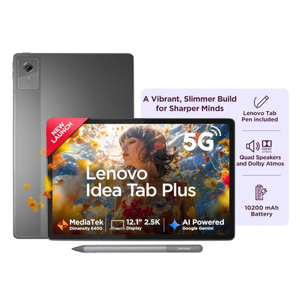 Lenovo Idea Tab Plus with Pen |Wifi +5G |12.1" 2.5K Display, 800nits Peak Brightness |8GB RAM + 256GB ROM (Expandable upto 2TB)| MediaTek Dimensity 6400| 10200mAh|4 Speakers with Dolby Atmos|Luna Grey - Unboxify