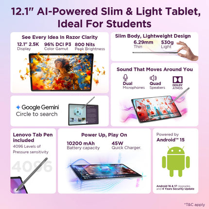 Lenovo Idea Tab Plus with Pen |Wifi +5G |12.1" 2.5K Display, 800nits Peak Brightness |8GB RAM + 256GB ROM (Expandable upto 2TB)| MediaTek Dimensity 6400| 10200mAh|4 Speakers with Dolby Atmos|Luna Grey - Unboxify