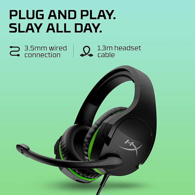 HyperX Cloudx Stinger Gaming Headphones, 3.5Mm Wired Connectivity, 40Mm Sound Drivers, Lightweight, Over Ear, Swivel-to-Mute Mic, Xbox-Licensed, Signature Memory Foam, Black-Green, 275G, 4P5K1AA - Unboxify
