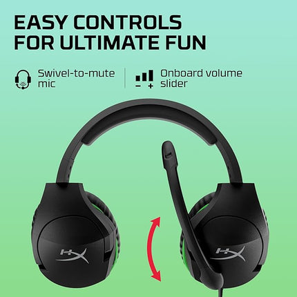 HyperX Cloudx Stinger Gaming Headphones, 3.5Mm Wired Connectivity, 40Mm Sound Drivers, Lightweight, Over Ear, Swivel-to-Mute Mic, Xbox-Licensed, Signature Memory Foam, Black-Green, 275G, 4P5K1AA - Unboxify