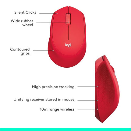 Logitech M331 Silent Plus Wireless Mouse, 2.4GHz with USB Nano Receiver, 1000 DPI Optical Tracking, 3 Buttons, 24 Month Life Battery, PC/Mac/Laptop - Red - Unboxify