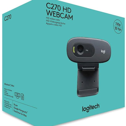 Logitech C270 HD Webcam, HD 720p/30fps, Widescreen HD Video Calling, HD Light Correction, Noise-Reducing Mic, for Skype, FaceTime, Hangouts, WebEx, PC - Unboxify