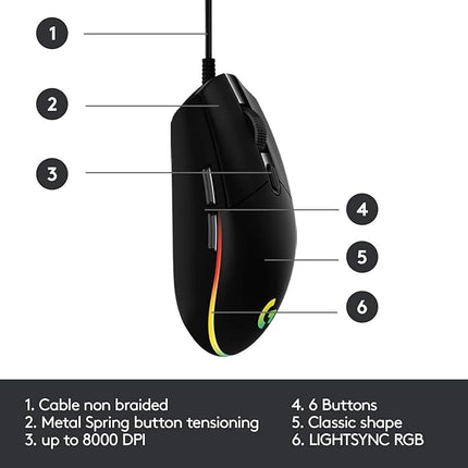 Logitech G102 Light Sync Gaming Mouse with Customizable RGB Lighting, 6 Programmable Buttons, Gaming Grade Sensor, 8K DPI Tracking,16.8mn Color, Light Weight - Black - Unboxify