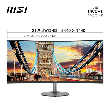 MSI PRO MP341CQ 34-Inch Full HD Computer Monitor - Professional Curved LED Monitor with 100Hz Refresh Rate, Anti-Glare & Anti-Flicker Technology PC Monitor for Desktop, VESA Mount (Black) - Unboxify