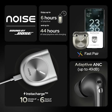 Noise Master Buds, Sound by Bose in-Ear Bluetooth Earbuds, Up to 49dB Adaptive ANC, LHDC 5.0, Immersive Spatial Audio, 44H Playtime with 6 mic ENC, Dual Pairing, IPX5 Ear Buds TWS (Silver) - Unboxify