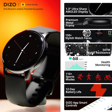 DIZO Watch R AMOLED with 45 mm Dial Size (Matte Black Strap, Free Size)