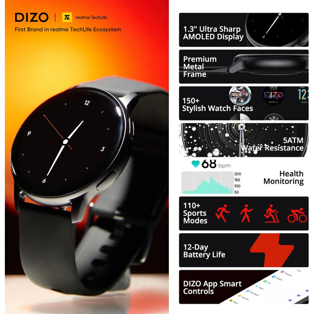 DIZO Watch R AMOLED with 45 mm Dial Size (Matte Black Strap, Free Size)