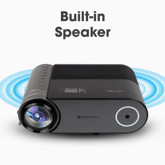 ZEBRONICS Zeb - Pixaplay 12 (4000 lm / 1 Speaker / Remote Controller) LED Projector, Dolby Audio, FHD 1080p Support, 4000 Lumens, 200" Screen, BT, 2x USB, HDMI, AV, AUX, Built in Speaker, Remote Control (Pixaplay 12) Projector (Black)