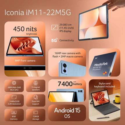 Acer Iconia iM11-22M5G with Stylus and Keyboard 8 GB RAM 128 GB ROM 11.45 inch with Wi-Fi+5G MediaTek 8791 CPU – Octa core Up to 2.4 Ghz Tablet